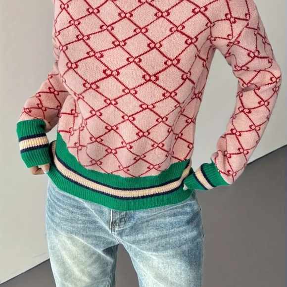 Pink Argyle Women's Sweater - Picture 3 of 7